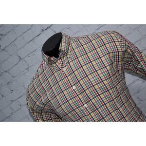 Bills Khakis Dress Shirt Mens Size Large Classic Cotton Yellow Plaids Made USA